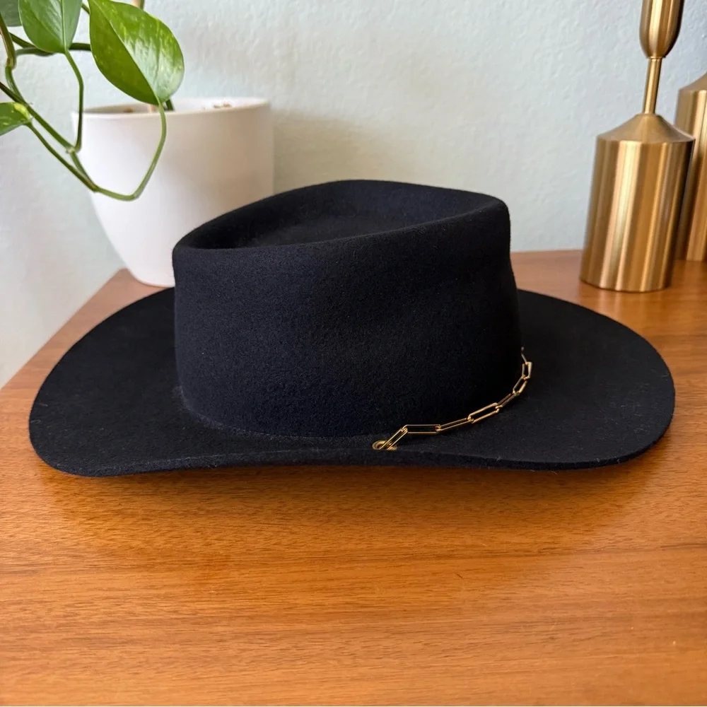 NWT Van Palma Black Wide-Brim Wool Fedora with Gold Chain Accent From France